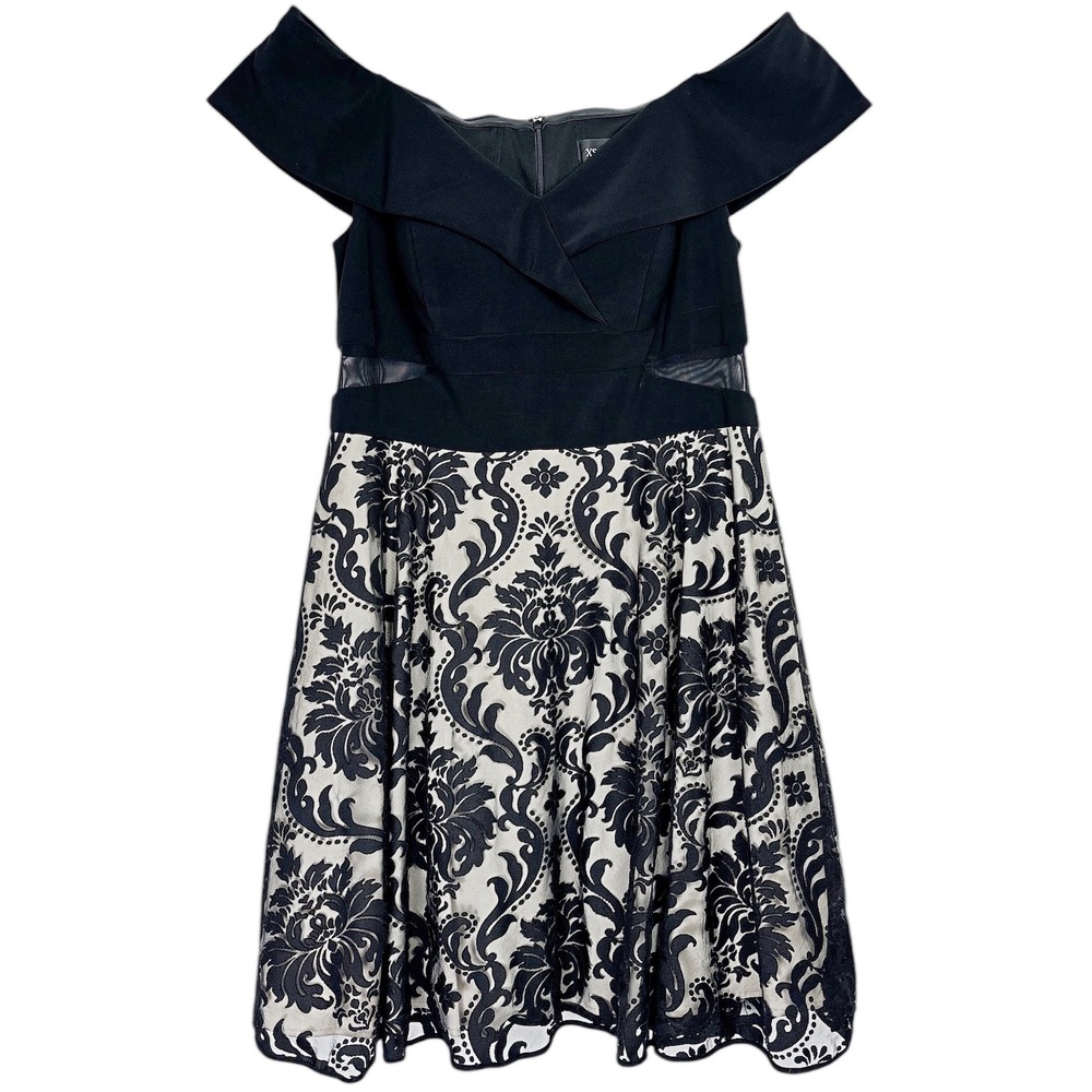 Xscape Fit & Flare Dress Womens 14W Off Shoulder Lace Black Beige Cocktail Party
